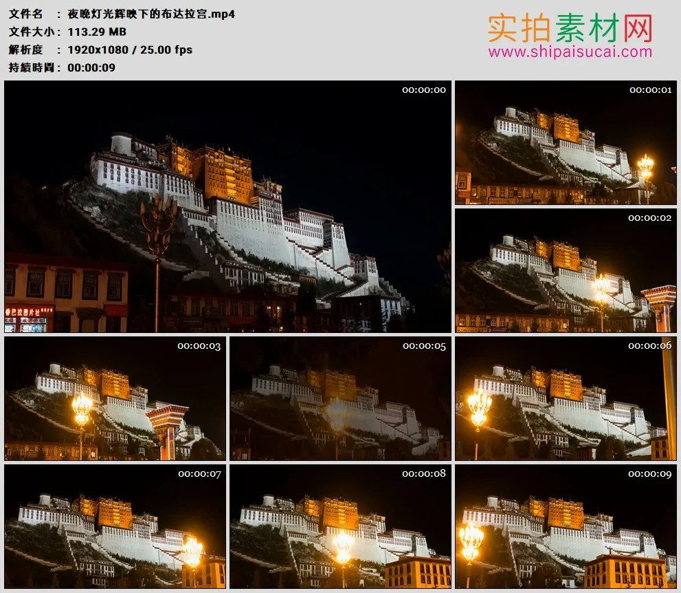 高清实拍视频素材丨夜晚灯光辉映下的西藏拉萨布达拉宫