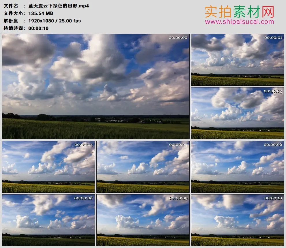 高清实拍视频素材丨蓝天流云下绿色的田野