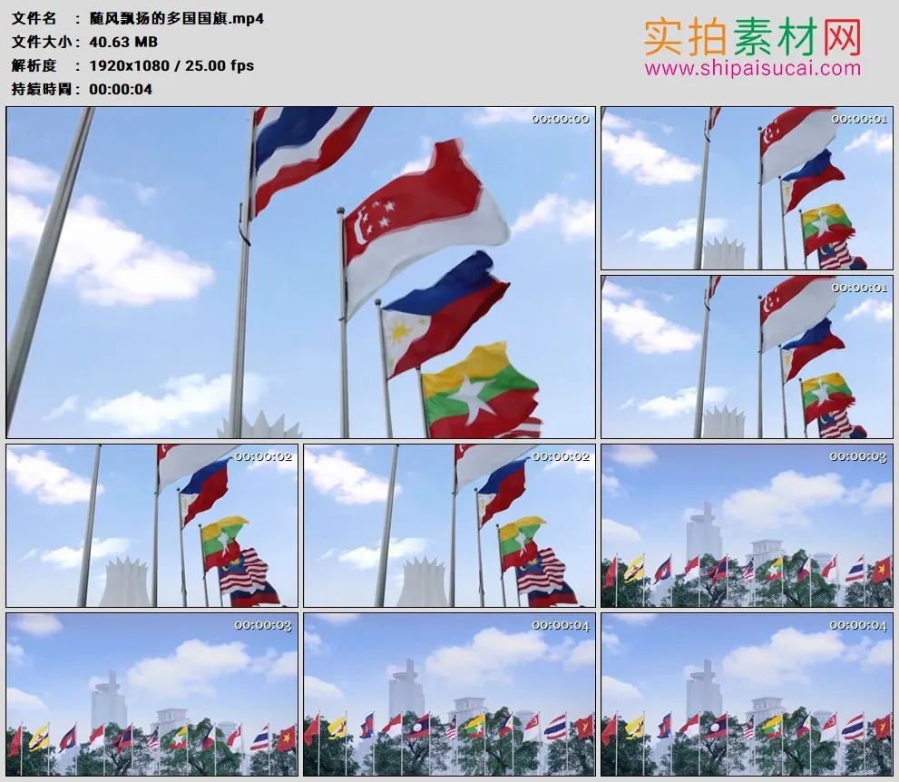 高清实拍视频素材丨随风飘扬的多国国旗