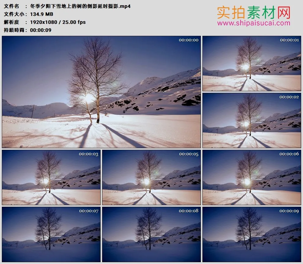 高清实拍视频素材丨冬季夕阳下雪地上的树的倒影延时摄影