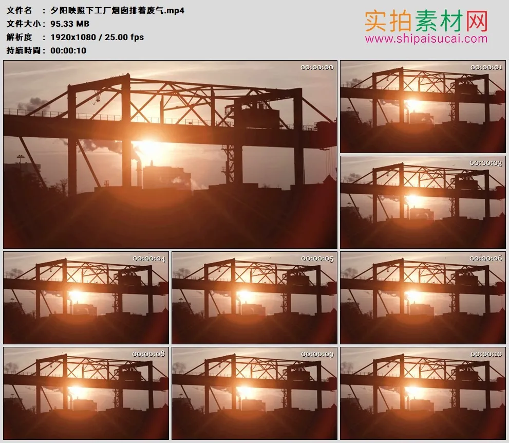 高清实拍视频素材丨夕阳映照下工厂烟囱排着废气