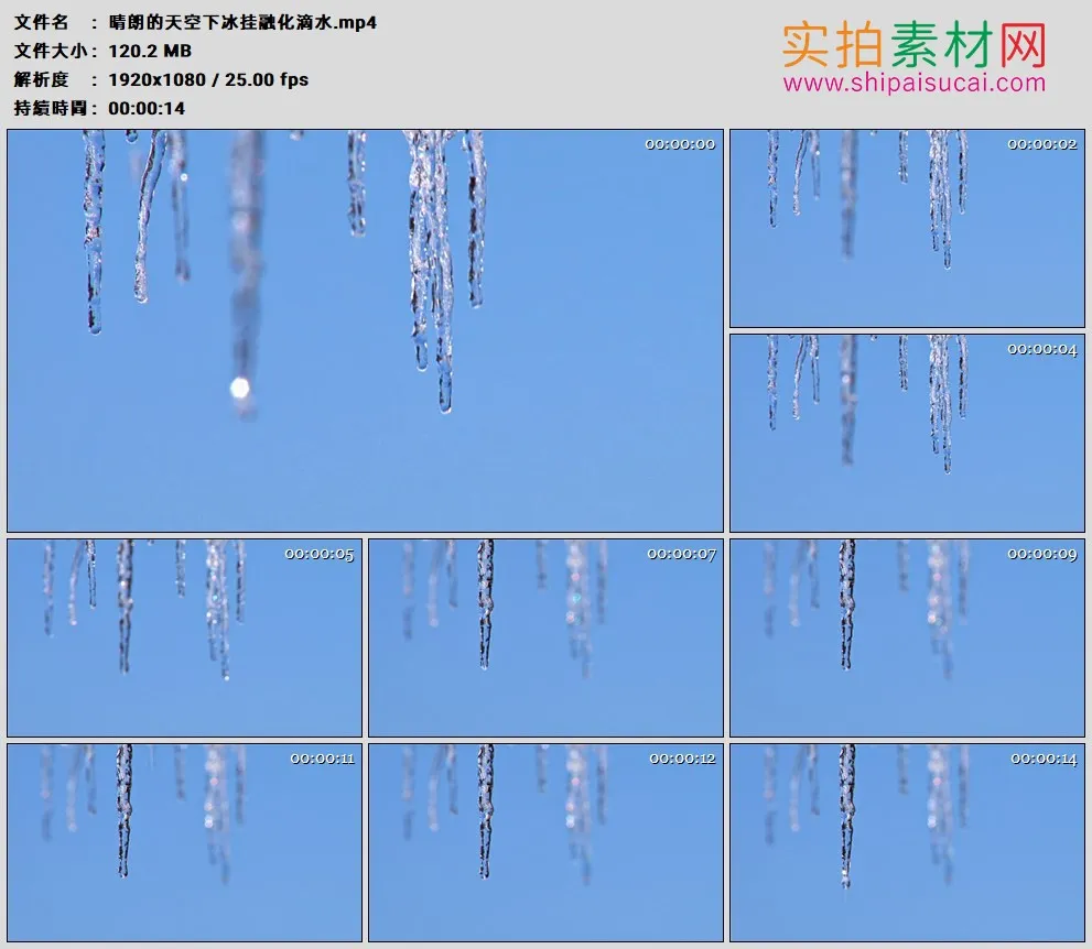 高清实拍视频素材丨晴朗的天空下冰挂融化滴水