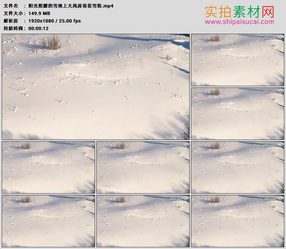 高清实拍视频素材丨阳光照耀的雪地上大风席卷着雪粒