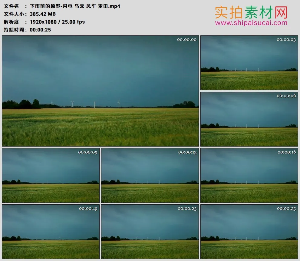 高清实拍视频素材丨下雨前的原野-闪电 乌云 风车 麦田