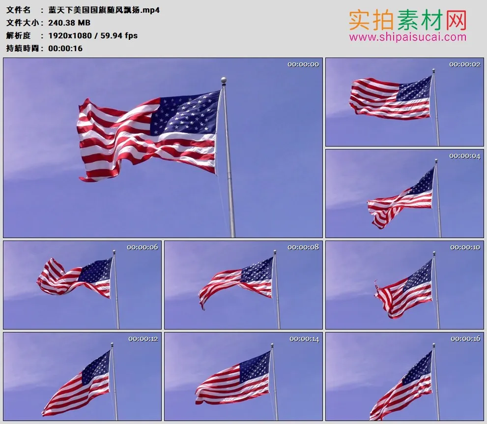 高清实拍视频素材丨蓝天下美国国旗随风飘扬
