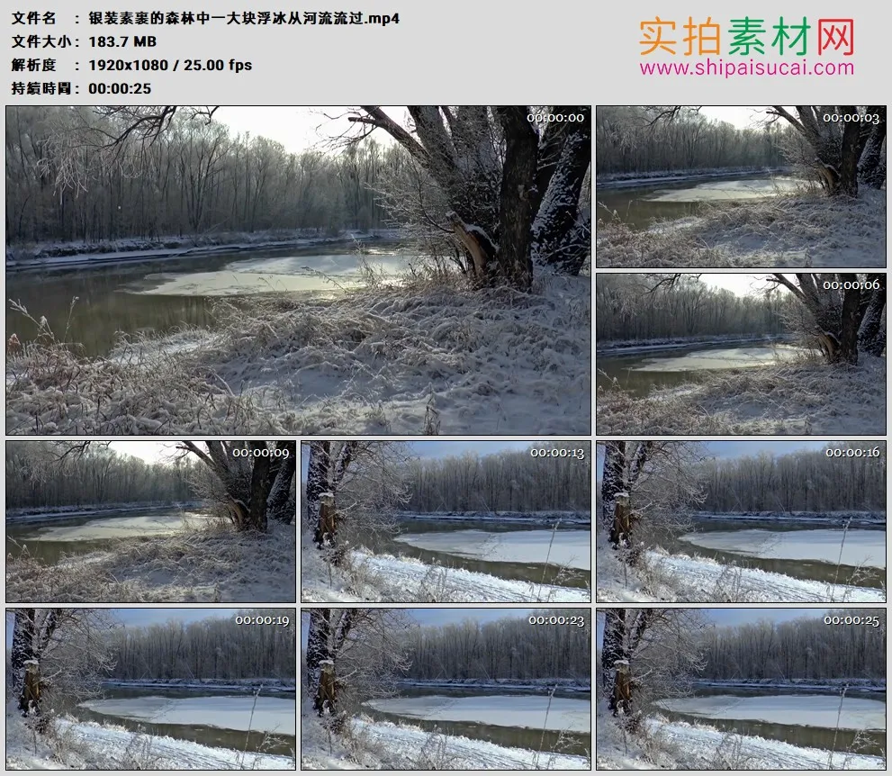 高清实拍视频素材丨银装素裹的森林中一大块浮冰从河流流过