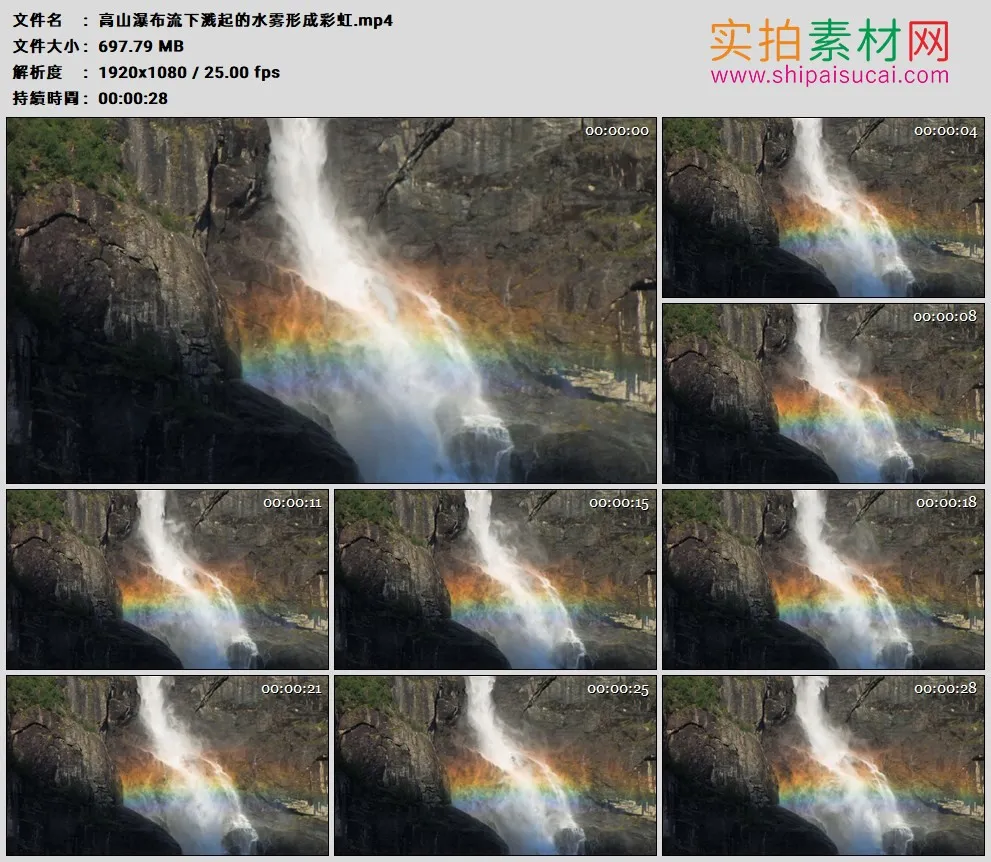 高清实拍视频素材丨高山瀑布流下溅起的水雾形成彩虹