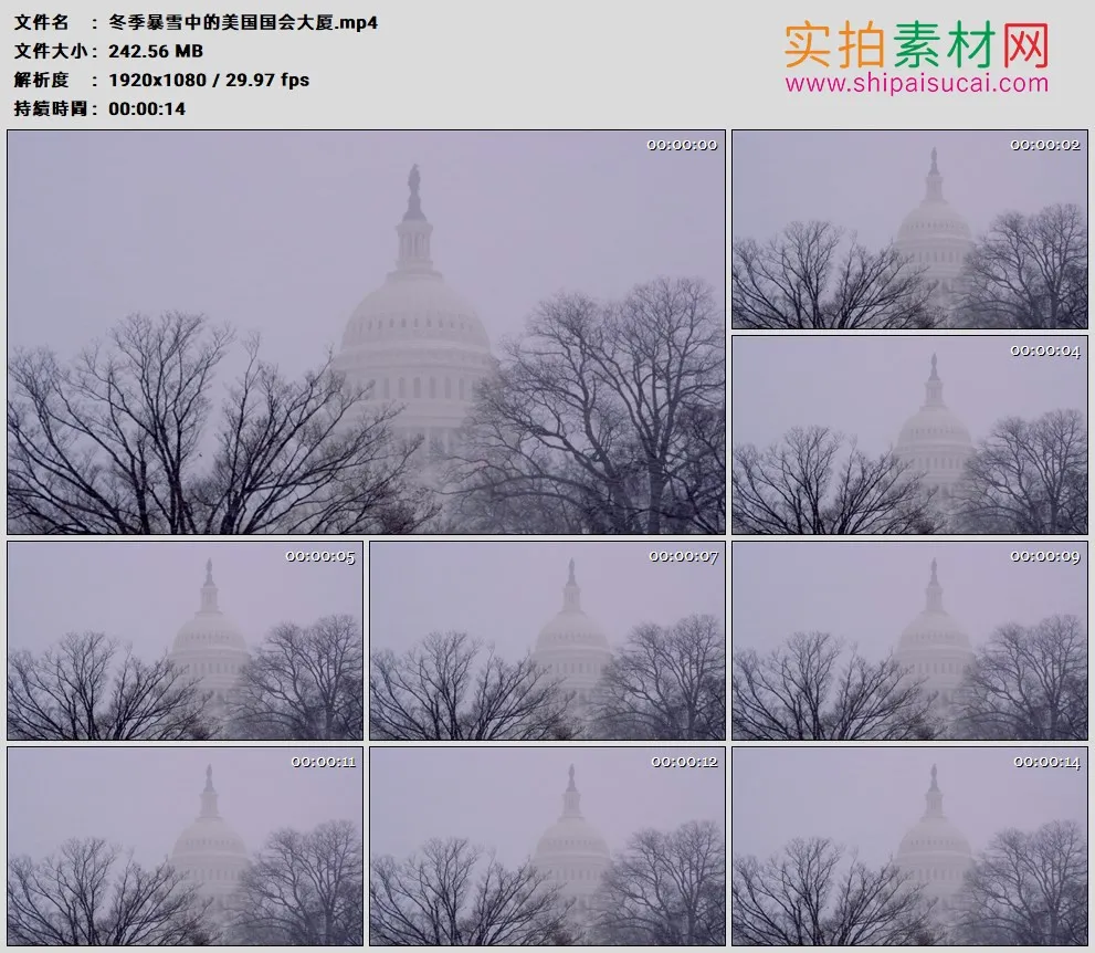 高清实拍视频素材丨冬季暴雪中的美国国会大厦
