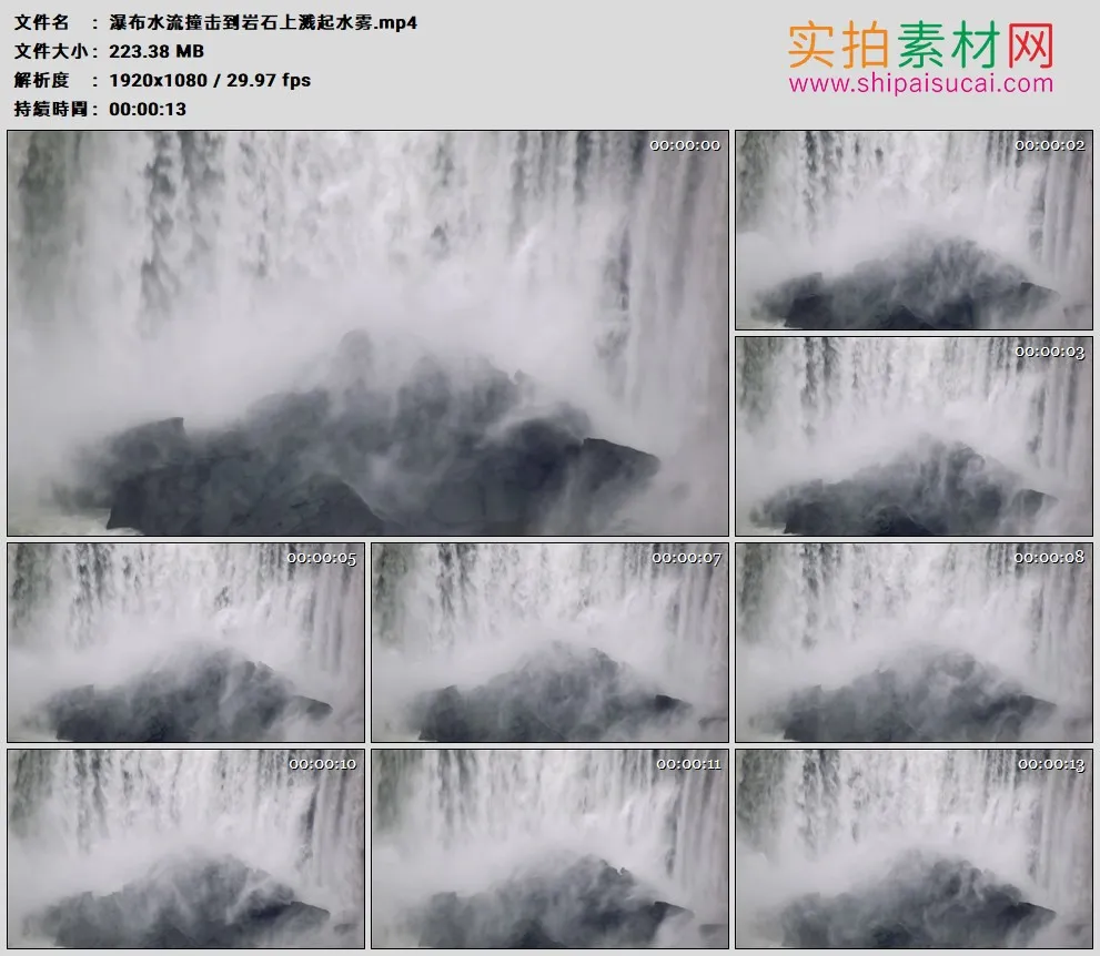 高清实拍视频素材丨瀑布水流撞击到岩石上溅起水雾