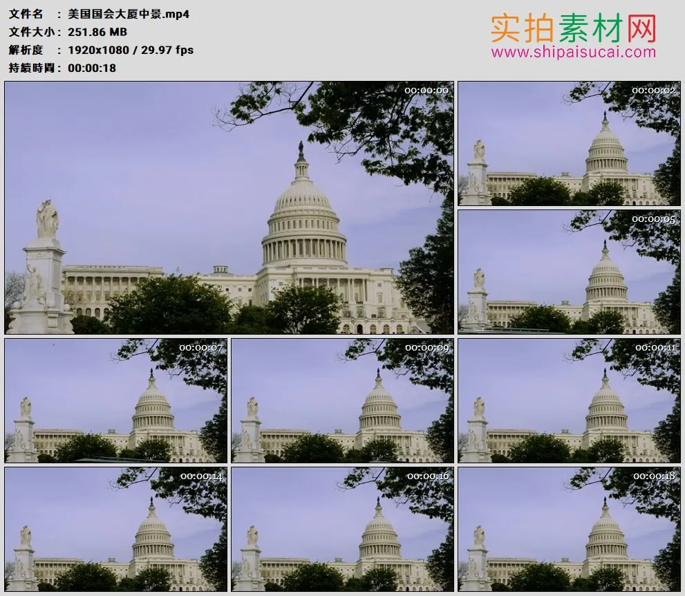 高清实拍视频素材丨美国国会大厦中景