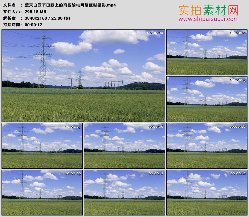 4K高清实拍视频素材丨蓝天白云下田野上的高压输电网络延时摄影