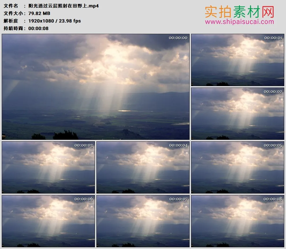 高清实拍视频素材丨阳光透过云层照射在田野上