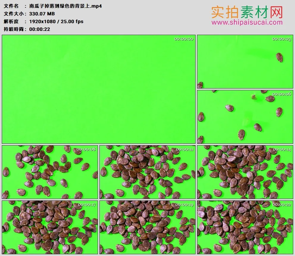 高清实拍视频素材丨南瓜籽掉落到绿色的背景上