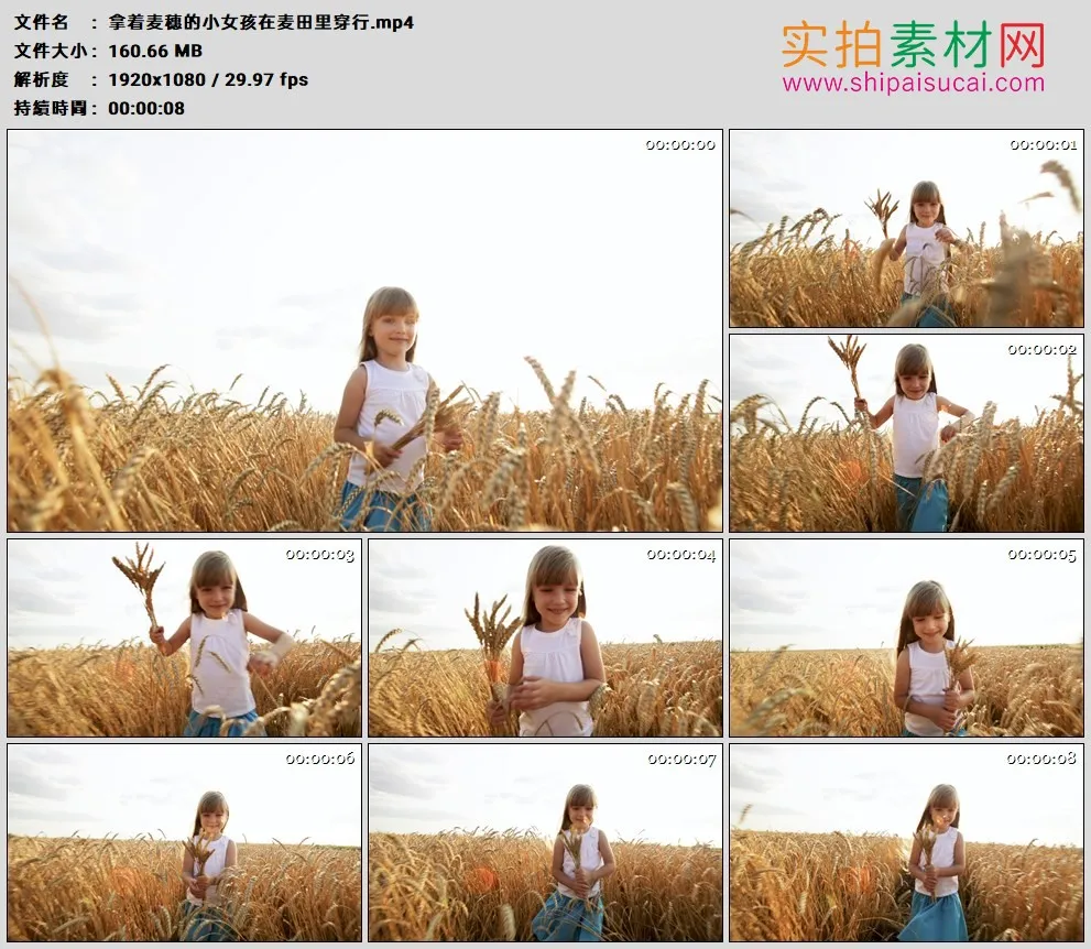 高清实拍视频素材丨拿着麦穗的小女孩在麦田里穿行