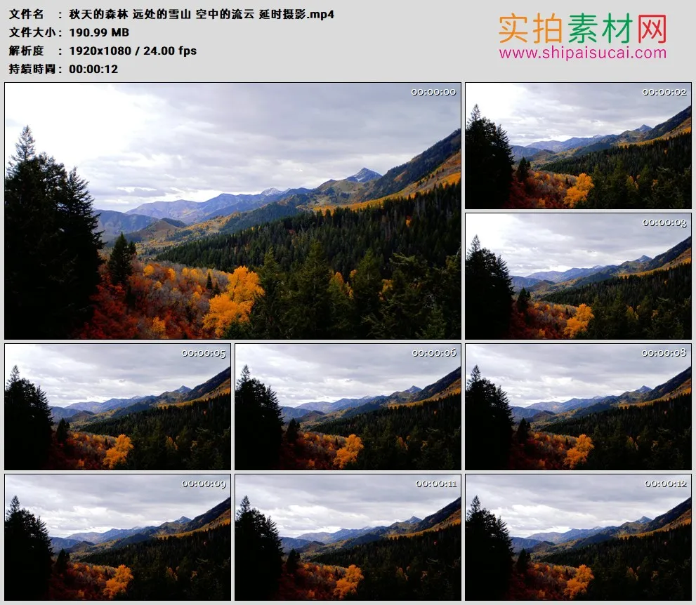 高清实拍视频素材丨秋天的森林 远处的雪山 空中的流云 延时摄影