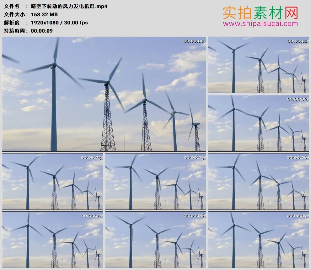 高清实拍视频素材丨晴空下转动的风力发电机群