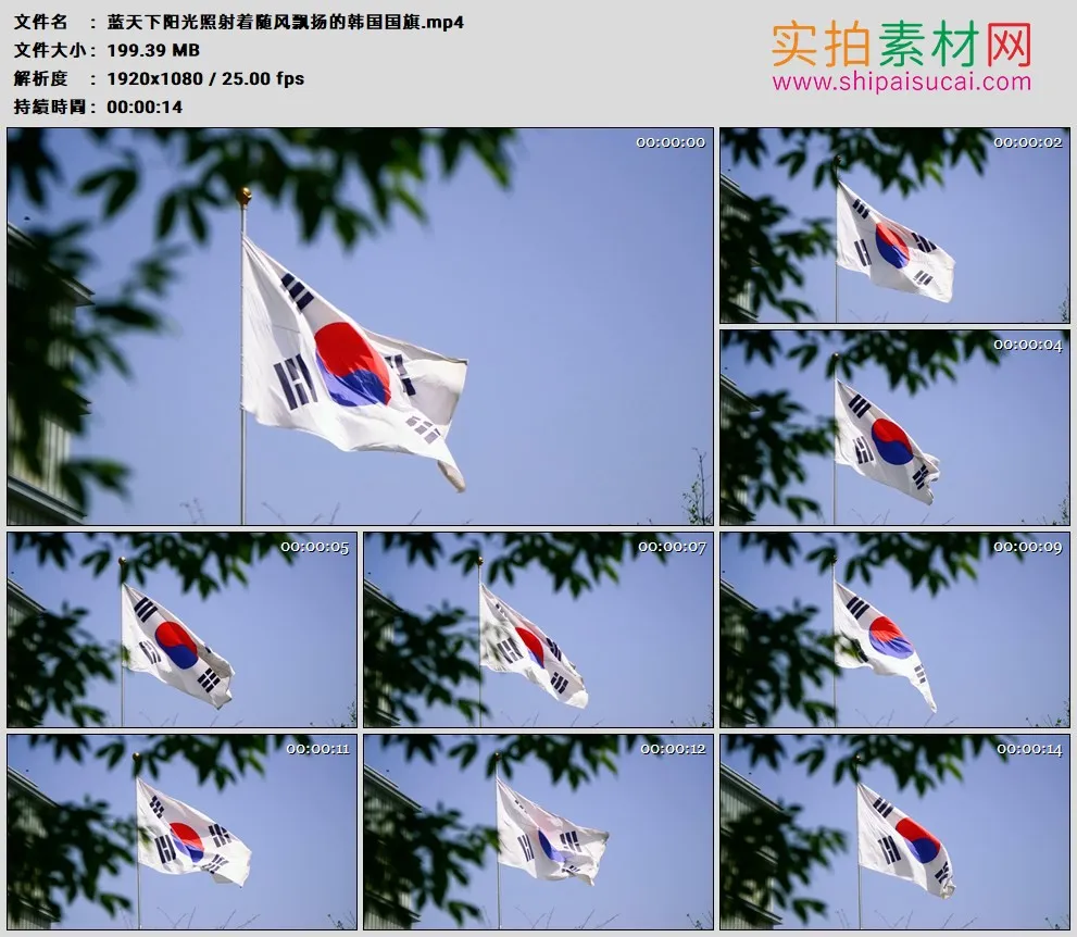 高清实拍视频素材丨蓝天下阳光照射着随风飘扬的韩国国旗