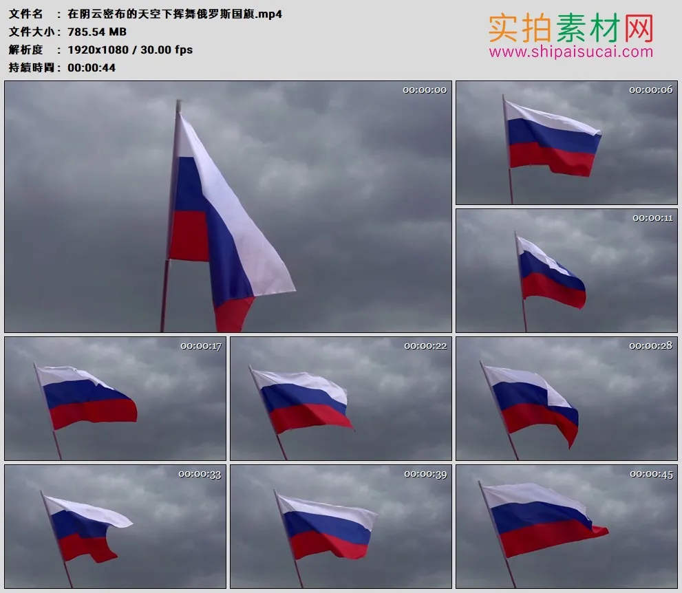 高清实拍视频素材丨在阴云密布的天空下挥舞俄罗斯国旗