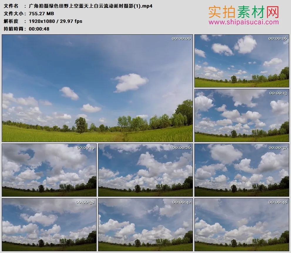 高清实拍视频素材丨广角拍摄绿色田野上空蓝天上白云流动延时摄影