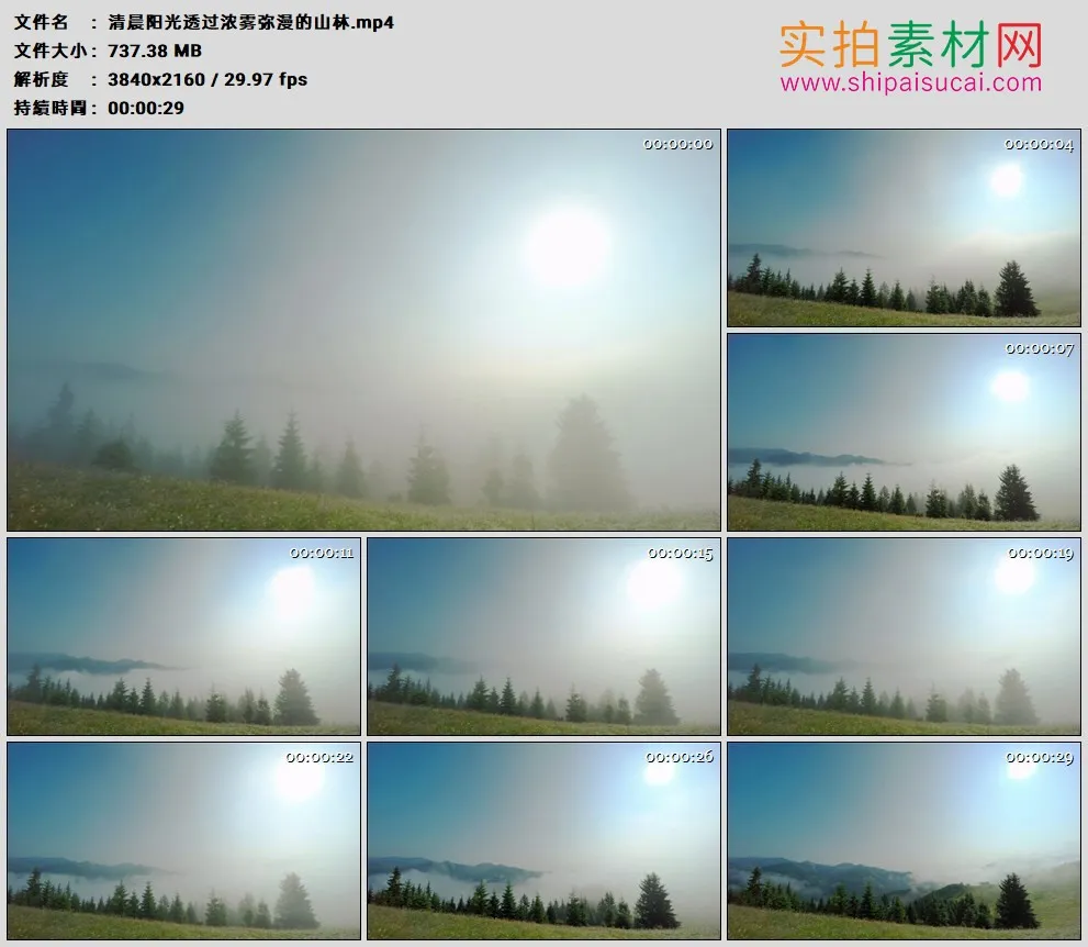 4K高清实拍视频素材丨清晨阳光透过浓雾弥漫的山林