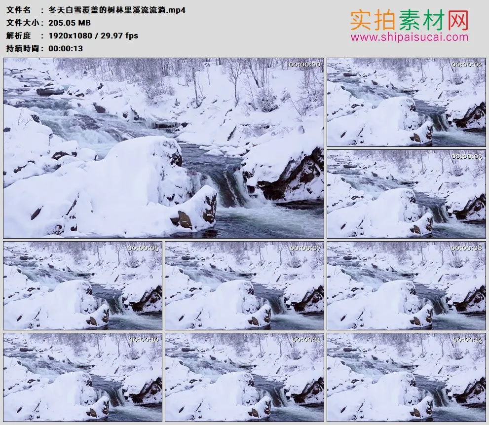高清实拍视频素材丨冬天白雪覆盖的树林里溪流流淌
