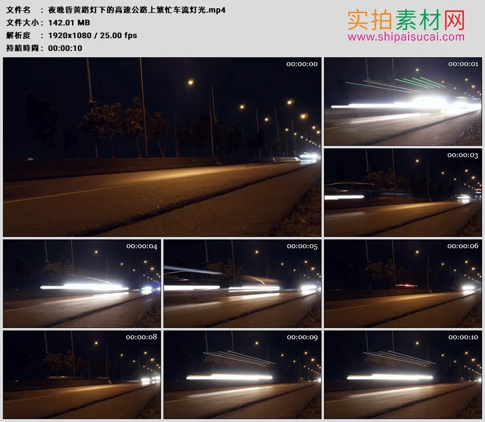 高清实拍视频素材丨夜晚昏黄路灯下的高速公路上繁忙车流灯光