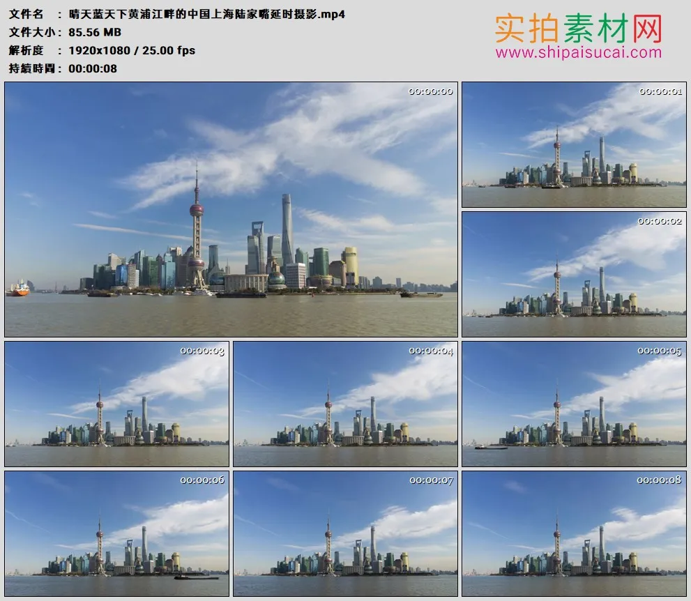 高清实拍视频素材丨晴天蓝天下黄浦江畔的中国上海陆家嘴延时摄影