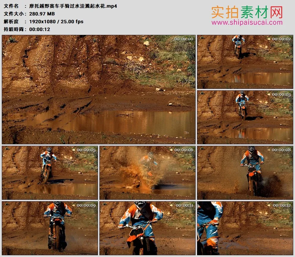 高清实拍视频素材丨摩托越野赛车手骑过水洼溅起水花