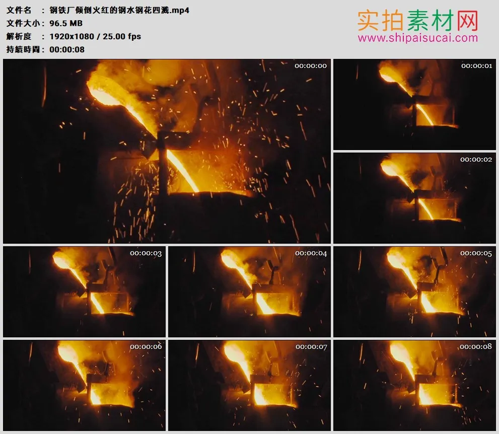 高清实拍视频素材丨钢铁厂倾倒火红的钢水钢花四溅