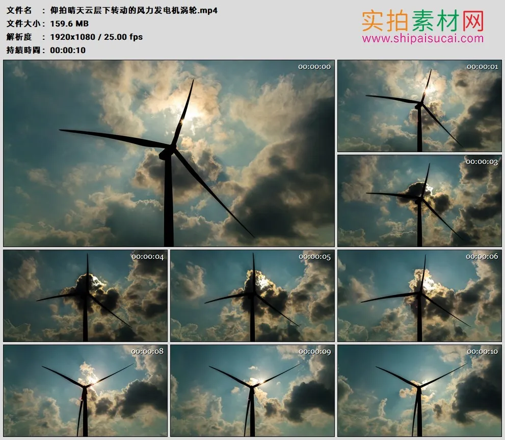 高清实拍视频素材丨仰拍晴天云层下转动的风力发电机涡轮