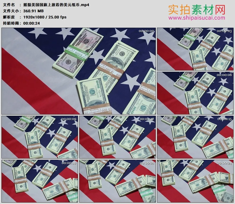 高清实拍视频素材丨摇摄美国国旗上放着的美元纸币