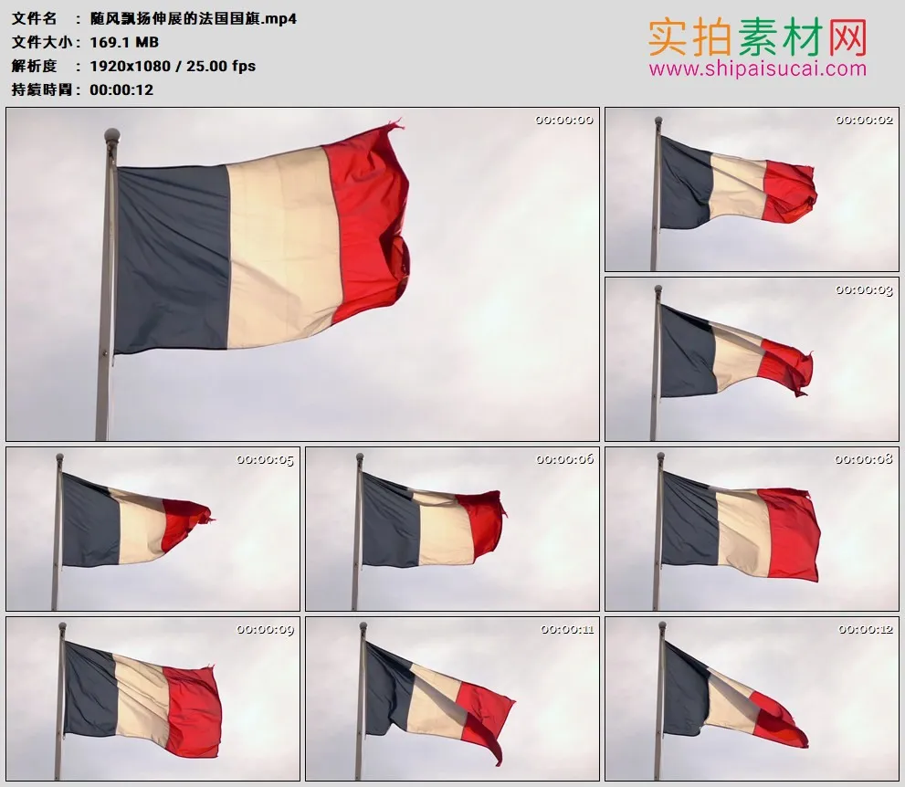 高清实拍视频素材丨随风飘扬伸展的法国国旗