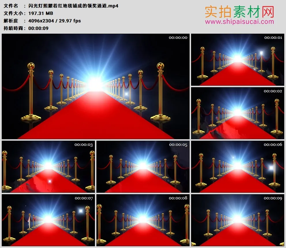 4K高清动态视频素材丨闪光灯照耀着红地毯铺成的领奖通道