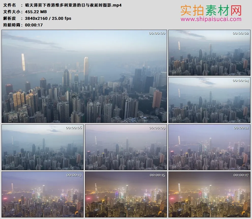 4K高清实拍视频素材丨晴天薄雾下香港维多利亚港的日与夜延时摄影