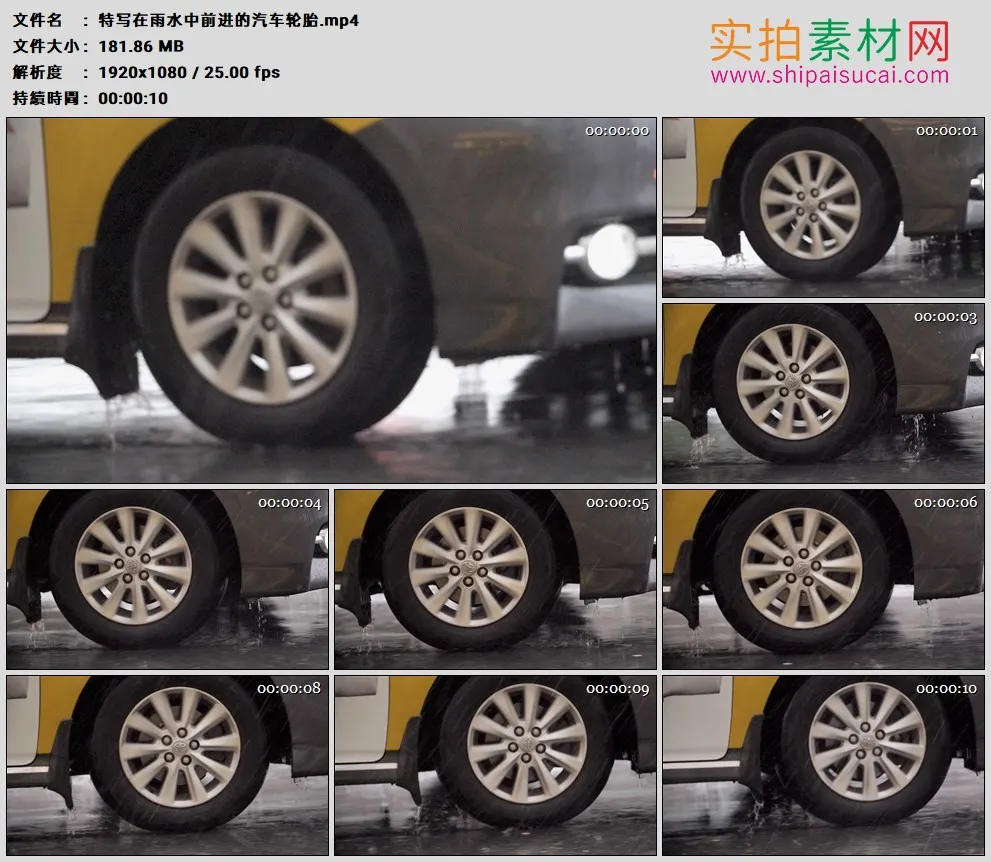 高清实拍视频素材丨特写在雨水中前进的汽车轮胎