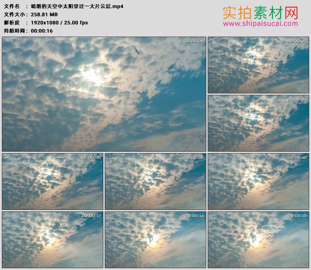 高清实拍视频素材丨晴朗的天空中太阳穿过一大片云层