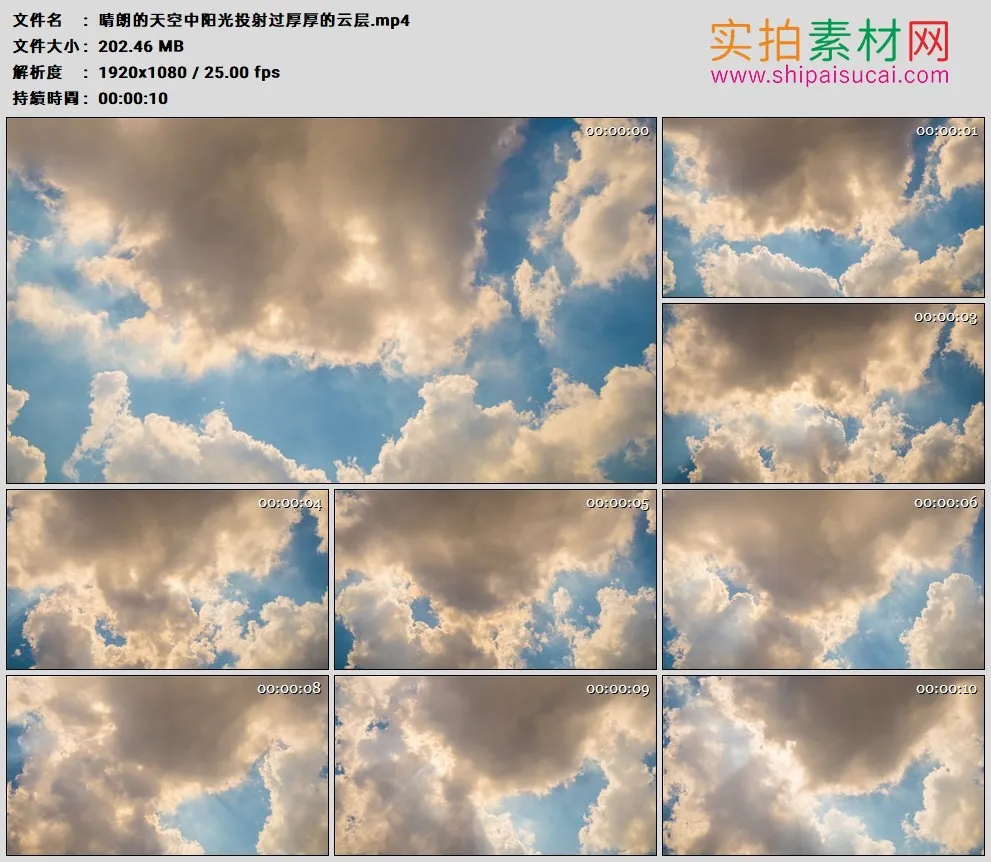 高清实拍视频素材丨晴朗的天空中阳光透射过厚厚的云层