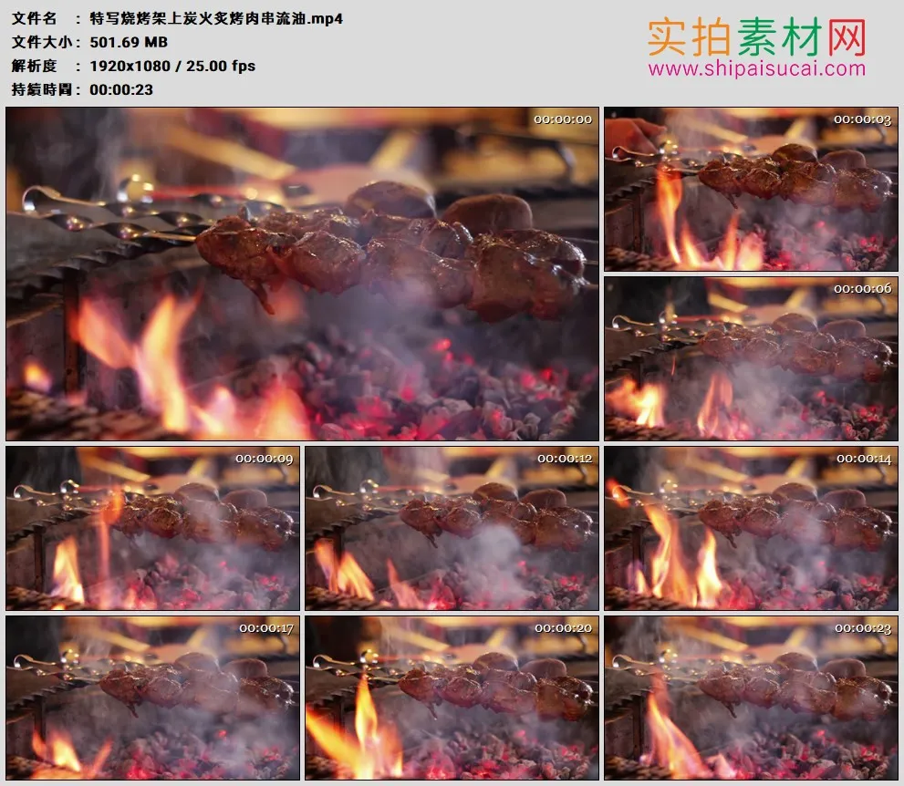高清实拍视频素材丨特写烧烤架上炭火炙烤肉串流油