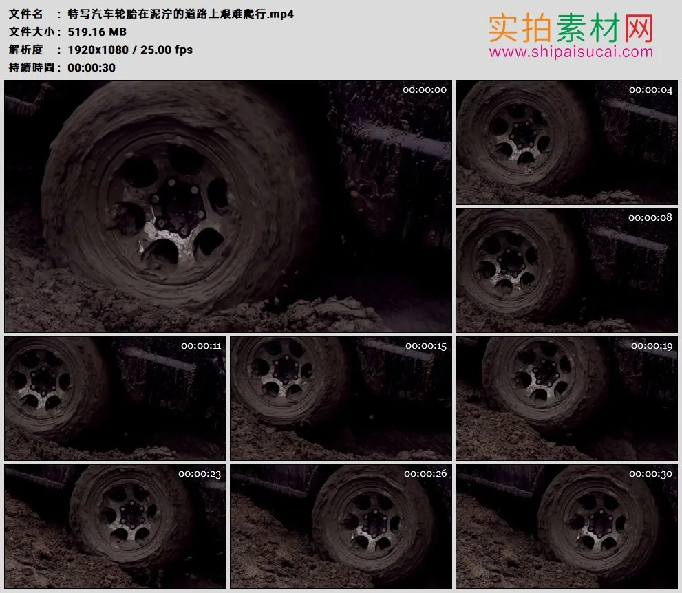 高清实拍视频素材丨特写汽车轮胎在泥泞的道路上艰难爬行