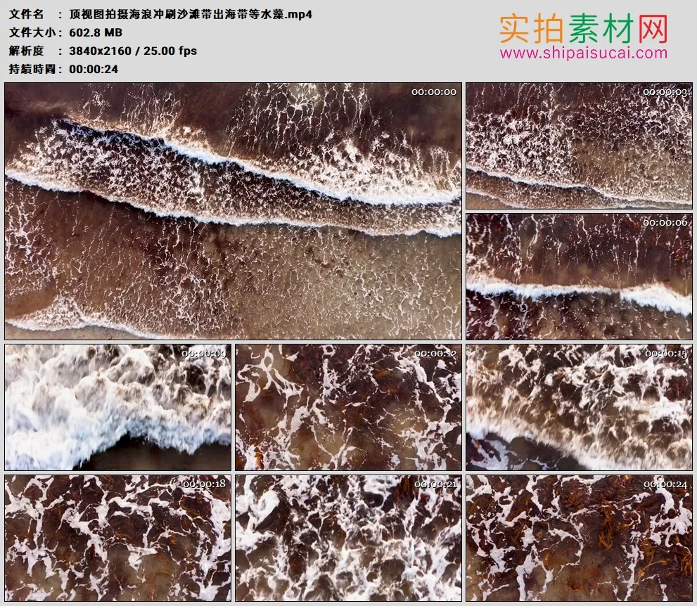 4K高清实拍视频素材丨顶视图拍摄海浪冲刷沙滩带出海带等水藻
