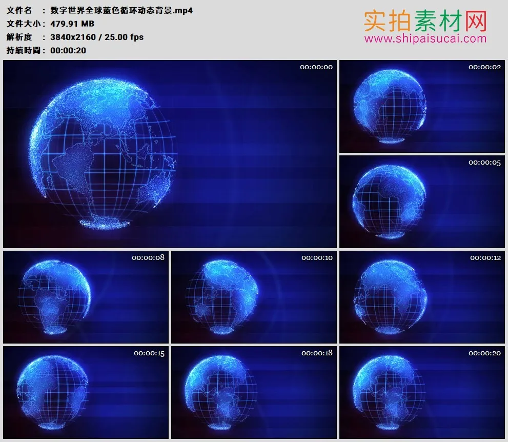4K高清动态视频素材丨数字世界全球蓝色循环动态背景