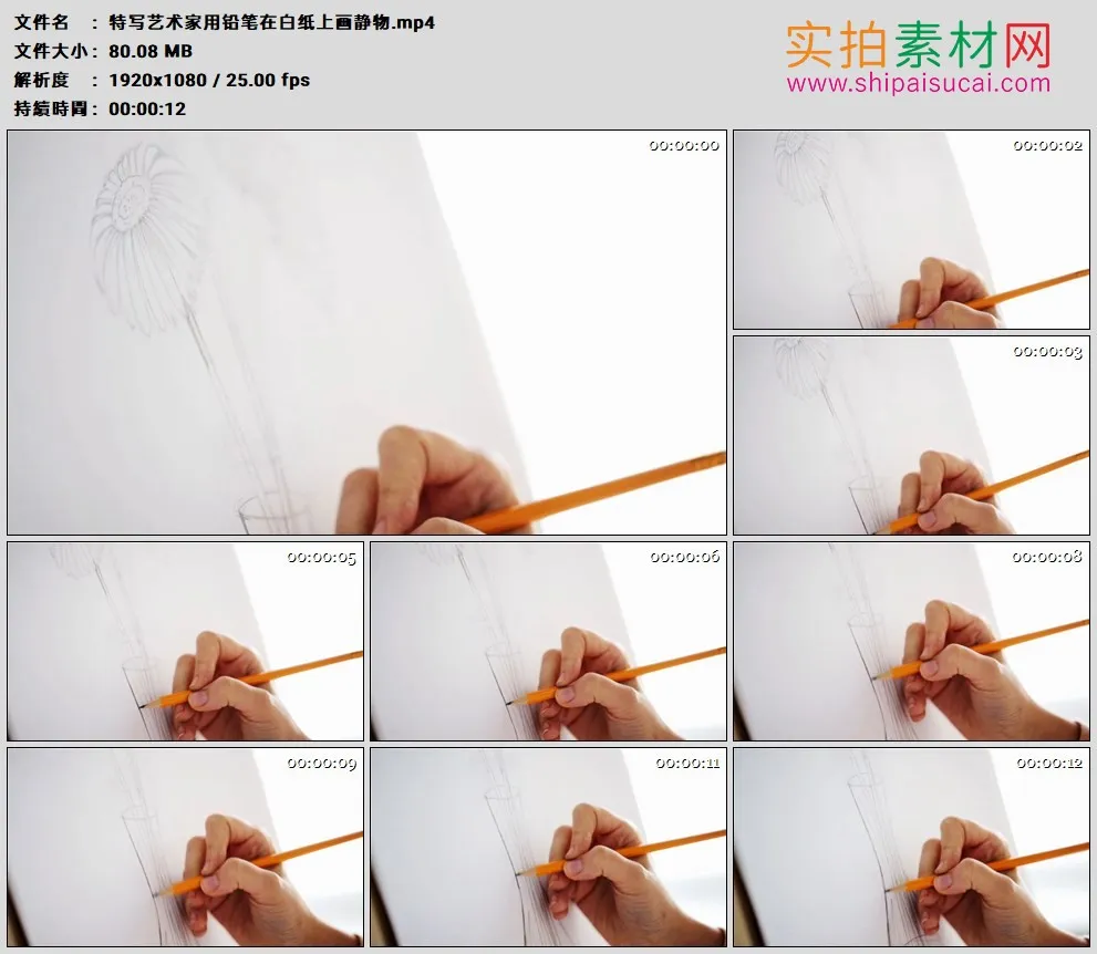 高清实拍视频素材丨特写艺术家用铅笔在白纸上画静物