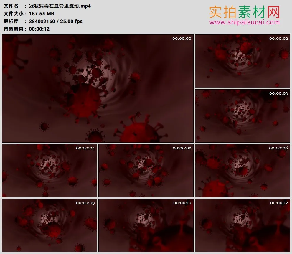4K高清动态视频素材丨冠状病毒在血管里流动