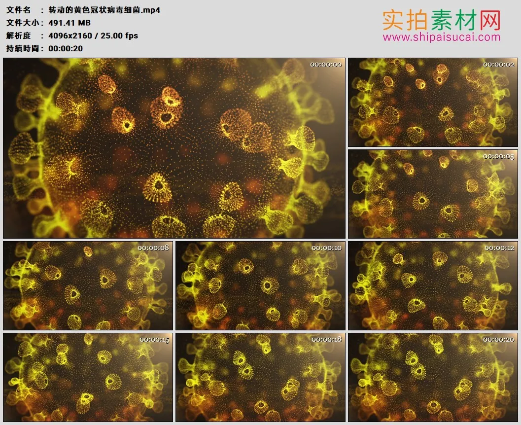 4K高清动态视频素材丨转动的黄色冠状病毒细菌