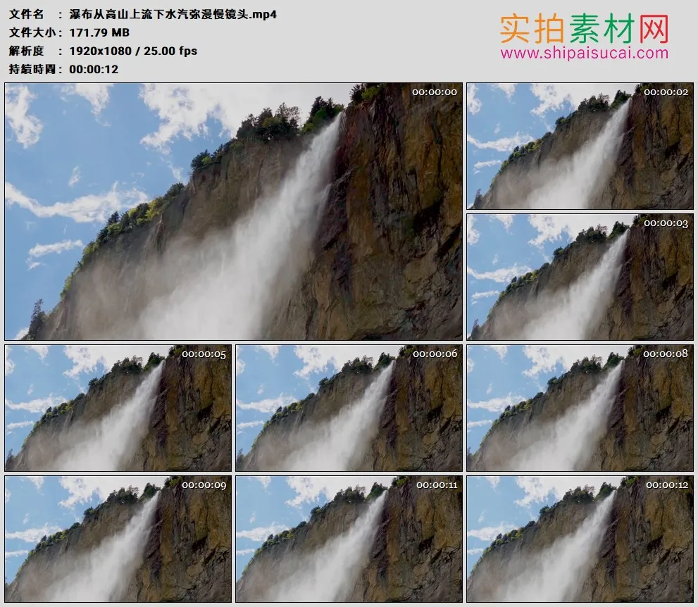 高清实拍视频素材丨瀑布从高山上流下水汽弥漫慢镜头
