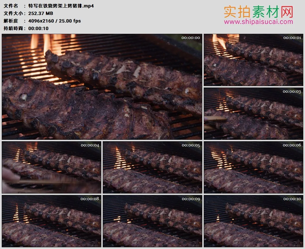 4K高清实拍视频素材丨特写在铁烧烤架上烤猪排