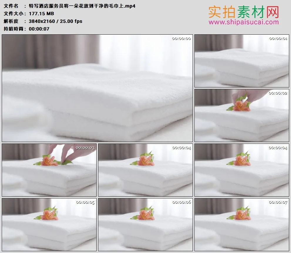 4K高清实拍视频素材丨特写酒店服务员将一朵花放到干净的毛巾上