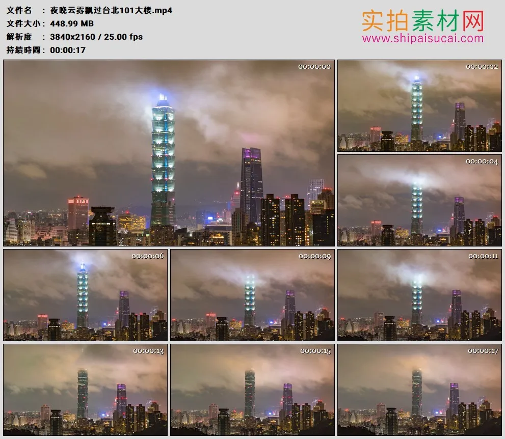 4K高清实拍视频素材丨夜晚云雾飘过台北101大楼